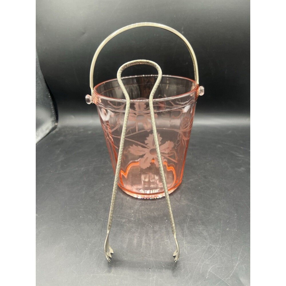 Vintage Cambridge Pink Depression Glass Ice Bucket Etched Floral Grapes Tongs